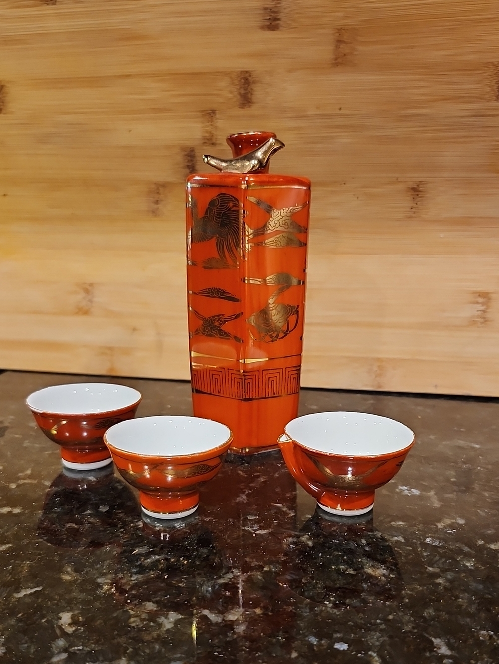 Orange and Gold Decorative Ceramic Vase with Bird Accent